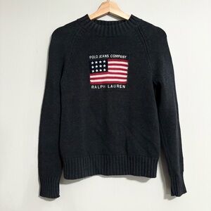 Polo Ralph Lauren Jeans Co Navy Blue Vintage 100% Cotton Knit Flag Sweater